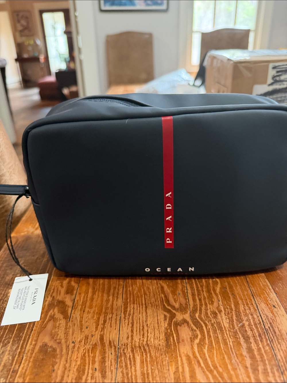 PRADA Navy Toiletry Pouch with Red Stripe